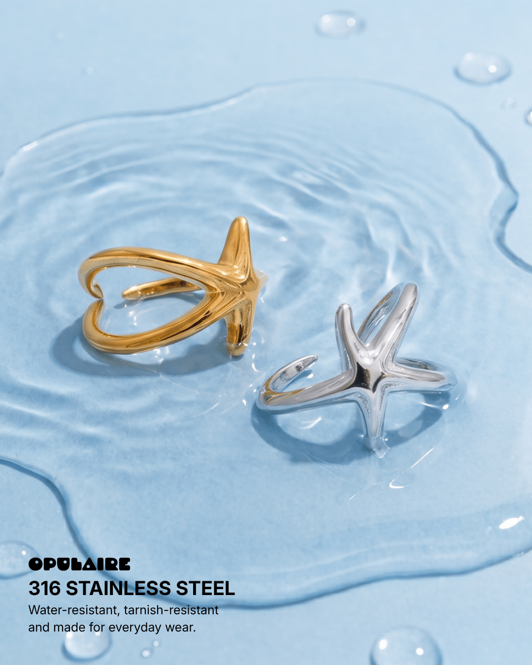 Ayla - Adjustable star ring - Stainless steel - Opulaire - WATERPROOF jewelry - Adjustable -